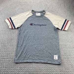 Champion Shirt Men Large L Gray Brown Red Blue Stripes Spell Out Casual Sports
